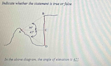 Indicate whether the statement is true or false.
In the above diagram, the angle of elevation is _ 47°