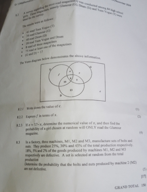 Gr 21Mathemati2 
[]November 2024 
8.2 A survey regading the most read magazine(s) was conducted among 84 high schoo 
eirls. Three mutazines, namely Glamour (G), Drum (D) and Teen Vogue (T) wer 
used for the survey. 
The results were as follows.
40 read Drum (D) 34 read Glamour (G) 41 read Teen Vogue (T) 
8 read all three magazines 18 read Teen Vogue and Drum
75 read at least one of the magazines 
(G and DJ=1
The Venn diaelow demonstrates the above information. 
8.2.1 Write down the value of c. 
(1) 
8.2.2 Express f in terms of x. (2) 
8.2.3 If e=17-x , determine the numerical value of x, and then find the 
probability of a girl chosen at random will ONLY read the Glamour 
magazine. (4) 
8.3 In a factory, three machines, M1, M2 and M3, manufacture sets of bolts and 
nuts. They produce 25%, 30% and 45% of the total production respectively.
18%, 5% and 2% of the goods produced by machines M1, M2 and M3
respectively are defective. A set is selected at random from the total 
production 
Determine the probability that the bolts and nuts produced by machine 2 (M2) 
are not defective. (5) 
[17] 
GRAND TOTAL 150