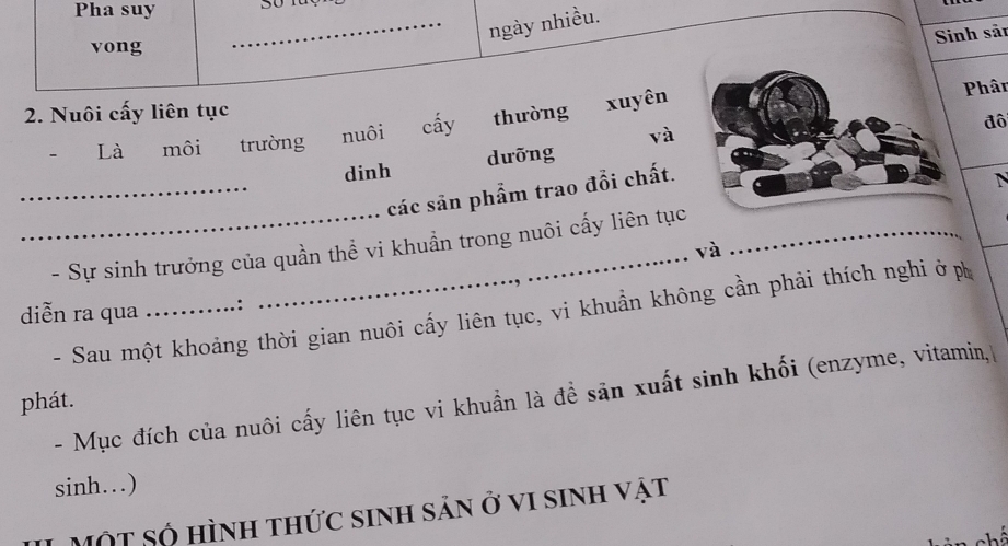 Pha suy 30
_ngày nhiều. 
Sinh sải 
vong 
2. Nuôi cấy liên tục Phân 
đô 
- Là môi trường nuôi cấy thường xuyên 
và 
dinh dưỡng 
_các sản phẩm trao đổi chất. 
N 
_ 
_- Sự sinh trưởng của quần thể vi khuẩn trong nuôi cấy liên tục 
và 
diễn ra qua - Sau một khoảng thời gian nuôi cấy liên tục, vi khuẩn không cần phải thích nghi ở ph 
∵ 
- Mục đích của nuôi cấy liên tục vi khuẩn là đề sản xuất sinh khối (enzyme, vitamin, 
phát. 
sinh…) 
Một số hình thức sinh sản ở vi sinh vật