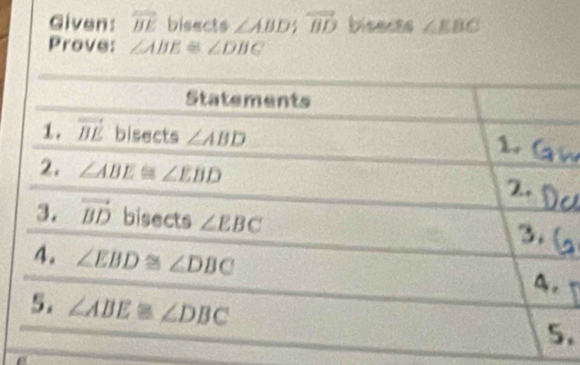 Givens overline BE bisects ∠ ABD;vector BD bisecs ∠ EBC
Prove: ∠ ABE≌ ∠ DBC.