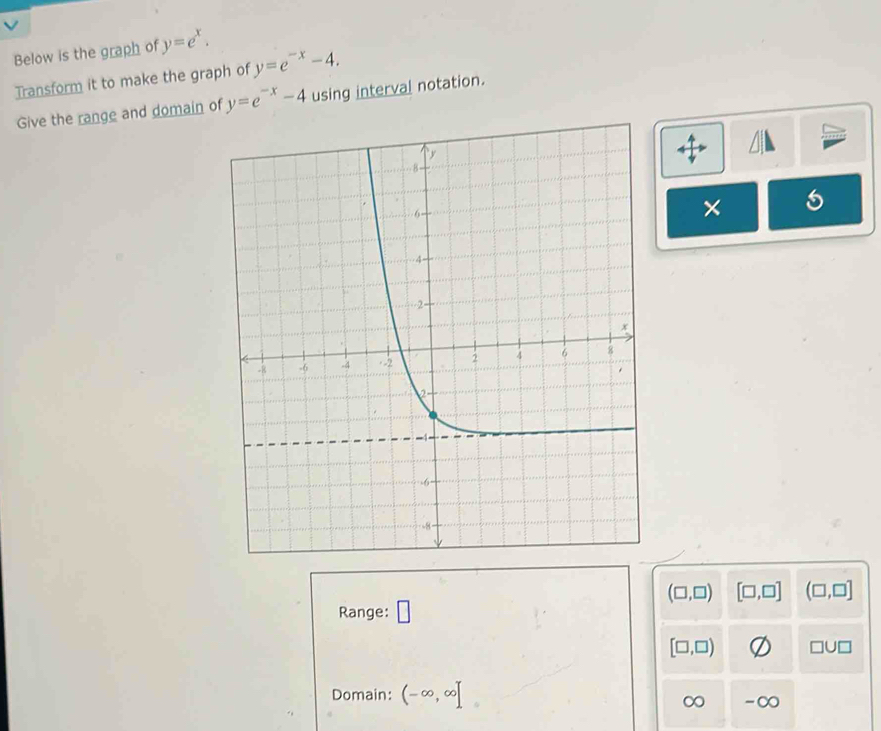 Solved: Below is the graph of y=e^x. Transform it to make the graph of ...