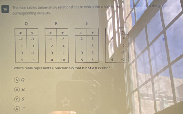 The four tables below show relationships in which the æ val p d the y
corresponding outputs.
Q R S

frac y
5
-4
4 -5
Which table represents a relationship that is not a function?
ⒶQ
в R
as
D T