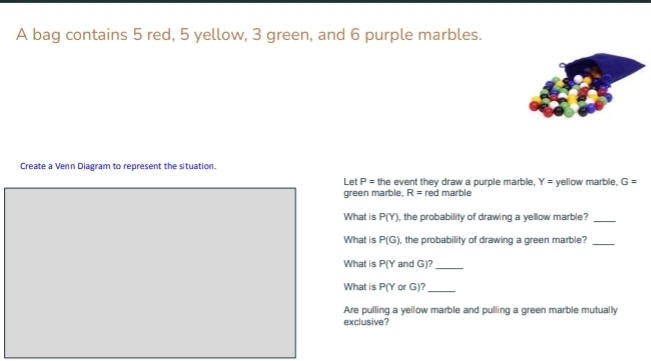 A bag contains 5 red, 5 yellow, 3 green, and 6 purple marbles. 
Create a Venn Diagram to represent the situation. 
Let P= the event they draw a purple marble, Y=
green marble, R= red marble yellow marble. G=
What is P(Y) , the probability of drawing a yellow marble?_ 
What is P(G) , the probability of drawing a green marble?_ 
What is P(Y and G)?_ 
What is P(Y or G)?_ 
Are pulling a yellow marble and pulling a green marble mutually 
exclusive?