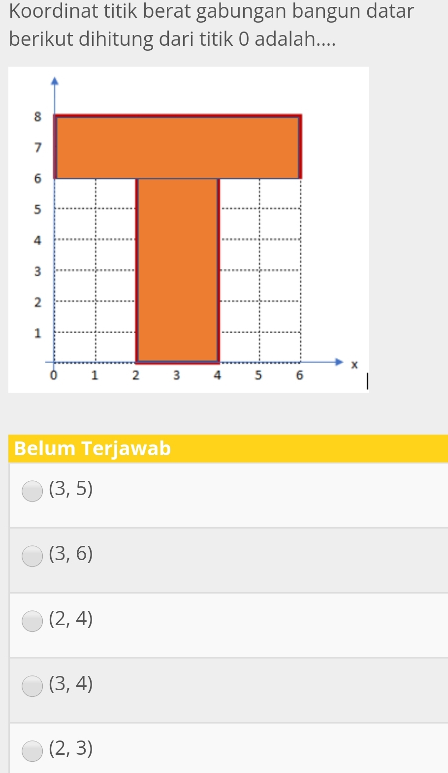 Koordinat titik berat gabungan bangun datar
berikut dihitung dari titik 0 adalah....
Belum Terjawab
(3,5)
(3,6)
(2,4)
(3,4)
(2,3)