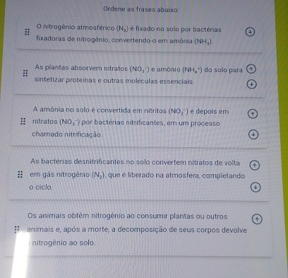 Ordene as frases abaixo: 
O nitrogênio atmosférico (N_2) é fixado no solo por bactérias 
:: 
fixadoras de nitrogênio, convertendo-o em amônia (NH_3). 
As plantas absorvem nitratos (NO_3^(-) e amônio (NH_4^+) do solo para t 
sintetizar proteínas e outras moléculas essenciais. + 
A amônia no solo é convertida em nitritos (NO_2^-) e depois em + 
nitratos (NO(_3)^-)) por bactérias nitrificantes, em um processo 
chamado nitrificação 4 
As bactérias desnitrificantes no solo convertem nitratos de volta 
em gás nitrogênio (N_2) , que é liberado na atmosfera, completando 
o ciclo 
4 
Os animais obtêm nitrogênio ao consumir plantas ou outros ↑ 
animais e, após a morte, a decomposição de seus corpos devolve 
nitrogênio ao solo.