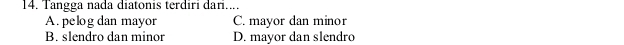 Tangga nada diatonis terdiri dari....
A. pelog dan mayor C. mayor dan minor
B. slendro dan minor D. mayor dan slendro