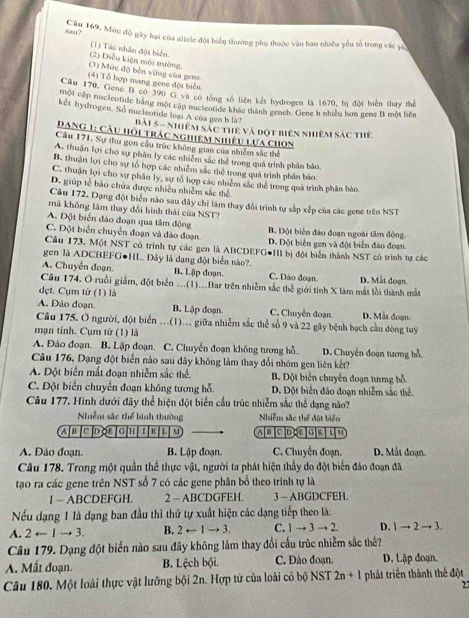 sau? Cầu 169. Mức độ gây hại của allele đột biển thường phụ thuộc vào bao nhiều yếu tổ trong các yc
(1) Tác nhân đột biển.
(2) Diều kiện môi trường.
(3) Mức độ bền vững của gene
(4) Tổ hợp mang gene đột biển.
Cu 170. Gene B có 390 G và có tổng số liên kết hydrogen là 1670, bị đột biến thay thể
một cập nucleotide bằng một cập nucleotide khác thành geneb. Gene b nhiều hơn gene B một liên
kết hydrogen. Số nucleotide loại A của gen b là?
bài 5 - nhiêm sác thể và đọt biên nhiệm sác thể
Dang 1: Câu hỏi trác nghiệm nhiều lựa chọn
Cầu 171. Sự thu gọn cầu trúc không gian của nhiễm sắc thể
A. thuận lợi cho sự phân ly các nhiễm sắc thể trong quá trình phân bảo.
B. thuận lợi cho sự tổ hợp các nhiễm sắc thể trong quá trình phân bào.
C. thuận lợi cho sự phân ly, sự tổ hợp các nhiềm sắc thể trong quá trình phân bào.
D. giúp tế bảo chứa được nhiều nhiễm sắc thể.
Câu 172. Dạng đột biển nào sau đây chỉ làm thay đổi trình tự sắp xếp của các gene trên NST
mã không làm thay đổi hình thái của NST?
A. Đột biến đảo đoạn qua tâm động B. Đột biến đảo đoạn ngoài tâm động.
C. Đột biển chuyển đoạn và đảo đoạn. D. Đột biến gen và đột biển đảo đoạn.
Câu 173. Một NST có trình tự các gen là ABCDEFG●HI bị đột biến thành NST có trình tự các
gen là ADCBEFG●HI.. Đây là dạng đột biển nào?.
A. Chuyển đoạn. B. Lập đoạn. C. Dào đoạn. D. Mắt đoạn.
Câu 174. Ở ruổi giấm, đột biển ...(1)...Bar trên nhiễm sắc thể giới tính X làm mắt lồi thành mắt
dẹt. Cụm từ (1) là
A. Dảo đoạn. B. Lập đoạn. C. Chuyển đoạn D. Mất đoạn.
Câu 175. Ở người, đột biến ...(1)... giữa nhiễm sắc thể số 9 và 22 gây bệnh bạch cầu dòng tuỷ
mạn tính. Cụm từ (1) là
A. Đảo đoạn. B. Lặp đoạn. C. Chuyển đoạn không tương hỗ.. D. Chuyển đoạn tương hỗ.
Câu 176. Dạng đột biến nào sau đãy không làm thay đổi nhóm gen liên kết?
A. Đột biến mắt đoạn nhiễm sắc thể.  B. Đột biến chuyến đoạn tương hỗ.
C. Đột biển chuyển đoạn không tương hỗ. D. Đột biến đảo đoạn nhiễm sắc thế.
Câu 177. Hình dưới đây thể hiện đột biến cấu trúc nhiễm sắc thể dạng nào?
Nhiễn sắc thể bình thường Nhiễm sắc thể đột biến
A B CDOE G H 1 K D M A|B C |DOE G|K| L M
A. Dảo đoạn. B. Lập đoạn. C. Chuyển đoạn. D. Mắt đoạn.
Câu 178. Trong một quần thể thực vật, người ta phát hiện thầy do đột biến đảo đoạn đã
tạo ra các gene trên NST số 7 có các gene phân bố theo trinh tự là
1 - ABCDEFGH. 2 - ABCDGFEH. 3 - ABGDCFEH.
Nếu dạng 1 là dạng ban đầu thi thứ tự xuất hiện các dạng tiếp theo là:
A. 2arrow 1to 3.
B. 2arrow 1to 3. C. 1to 3to 2. D. 1to 2to 3.
Câu 179. Dạng đột biến nào sau đây không làm thay đổi cấu trúc nhiễm sắc thế?
C. Đảo đoạn.
A. Mất đoạn. B. Lệch bội. D. Lập đoạn
Câu 180. Một loài thực vật lưỡng bội 2n. Hợp tử của loài có bộ NST 2n+1 phát triển thành thể đột
2