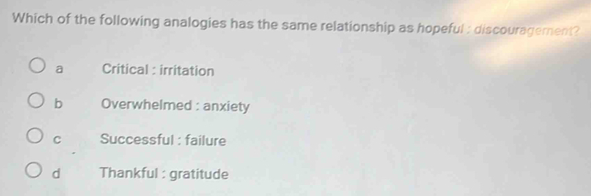 Which of the following analogies has the same relationship as hopeful : discouragerent?
a Critical : irritation
b Overwhelmed : anxiety
C Successful : failure
d Thankful : gratitude