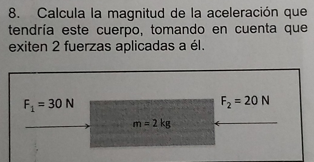 Calcula la magnitud de la aceleración que 
tendría este cuerpo, tomando en cuenta que 
exiten 2 fuerzas aplicadas a él.
F_1=30N
F_2=20N
m=2kg