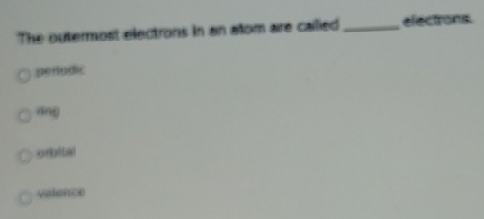 The outermost electrons in an atom are called _electrons.
penodic
rng
orbital
valence