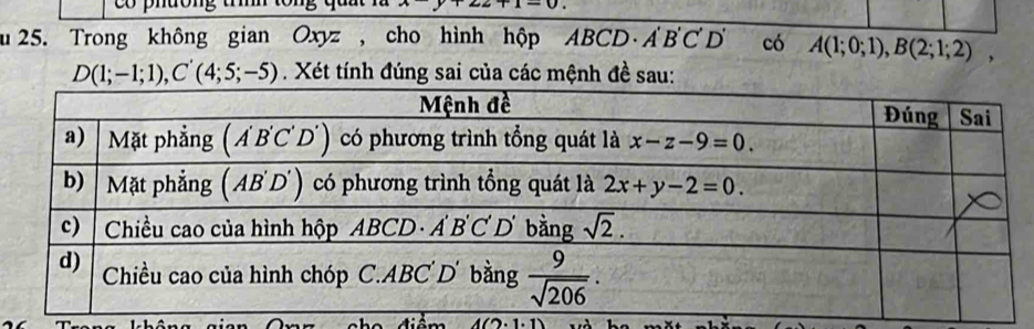 co phuong t tong quut rà xy+22+1-0
u  25. Trong không gian Oxyz , cho hình hộp ABCD A'B'C'D' có A(1;0;1),B(2;1;2),
D(1;-1;1),C'(4;5;-5). Xét tính đúng sai của các mệnh đề sau: