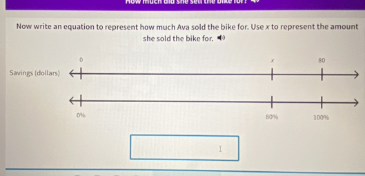 Now write an equation to represent how much Ava sold the bike for. Use x to represent the amount 
she sold the bike for. ■ 
Savi 
I