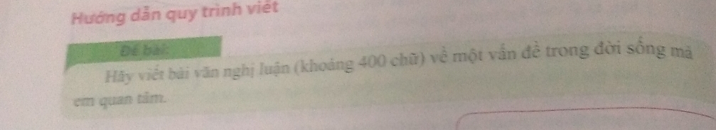 Hướng dẫn quy trình việt 
Để bài: 
Hãy viết bài văn nghị luận (khoảng 400 chữ) về một vấn đề trong đời sống mã 
em quan tâm.