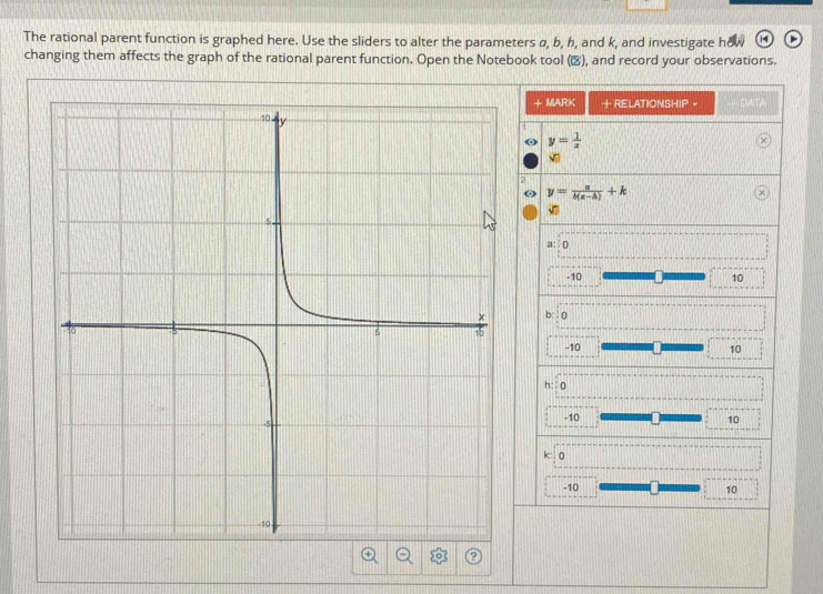 The rational parent function is graphed here. Use the sliders to alter the parameters α, b, h, and k, and investigate h
changing them affects the graph of the rational parent function. Open the Notebook tool (), and record your observations. 
MARK + RELATIONSHIP 。 DAT 
o y= 1/x 
sqrt()
y= n/b(a-h) +k
n
0
-10
10
b
-10 10
h: 0
-10 10
k 0
-10
10