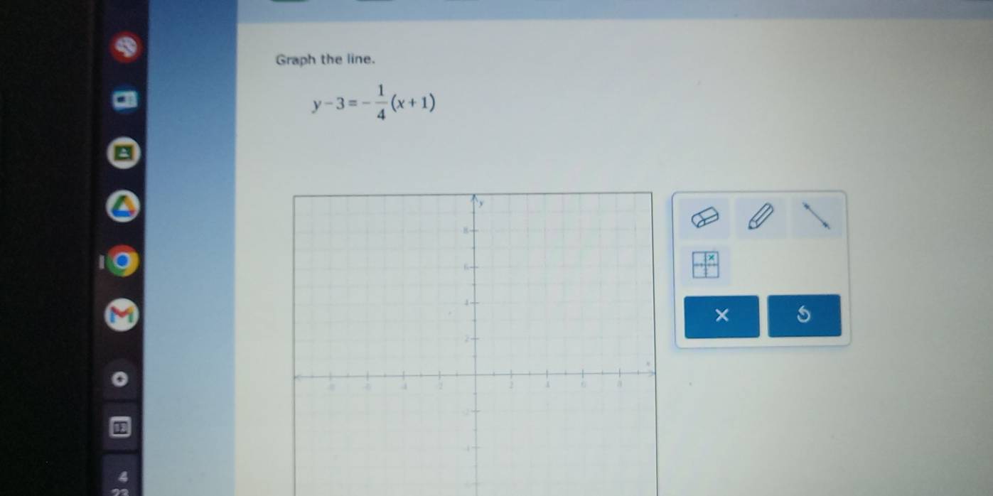 Graph the line.
y-3=- 1/4 (x+1)
×