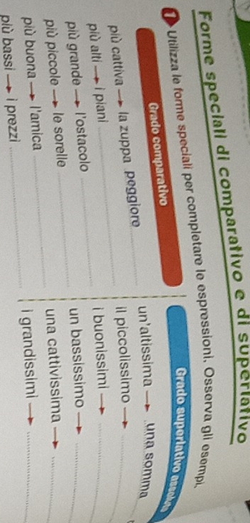 Forme speciali di comparativo e di superíativo 
Utilizza le forme speciali per completare le espressioni, Osserva gli esempi. 
Grado superiativo assoluta 
Grado comparativo 
_ 
più cattiva la zuppa peggiore_ un'altissima una somma 
il piccolissimo 
più alti i piani 
più grande l'ostacolo _i buonissimi_ 
più piccole le sorelle _un bassissimo_ 
più buona I'amica _una cattivissima_ 
plù bassi - prezzi _i grandissimi_
