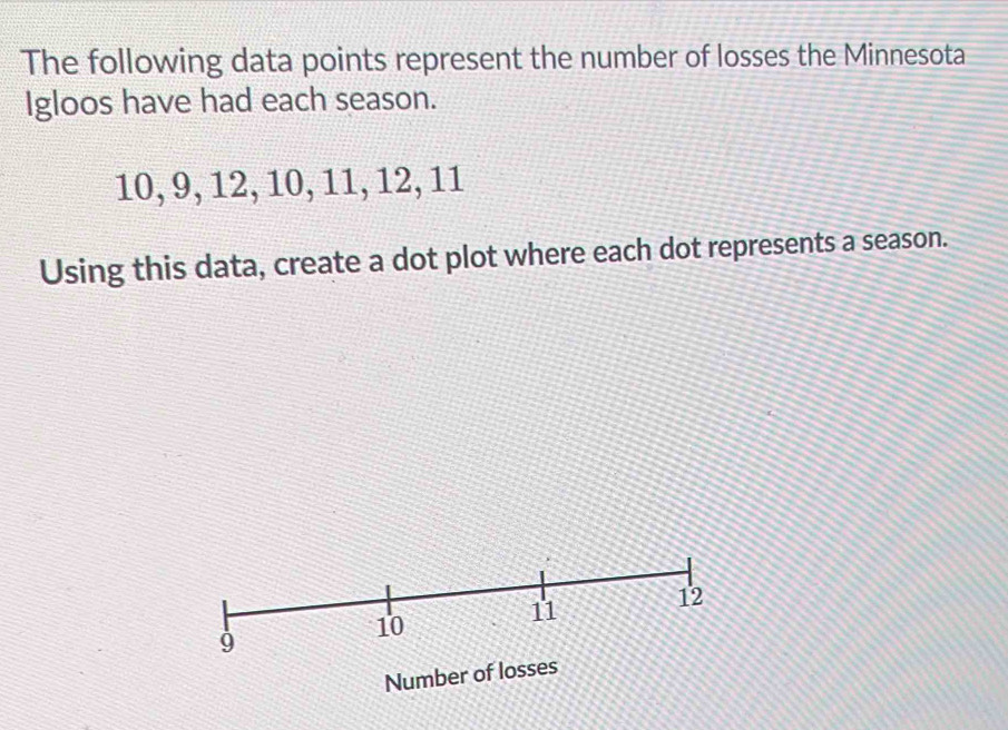 The following data points represent the number of losses the Minnesota 
Igloos have had each season.
10, 9, 12, 10, 11, 12, 11
Using this data, create a dot plot where each dot represents a season.
9
10
11 12
Number of losses