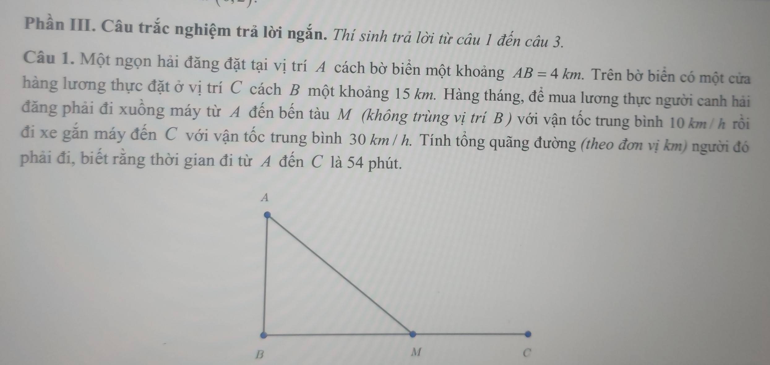 Phần III. Câu trắc nghiệm trả lời ngắn. Thí sinh trả lời từ câu 1 đến câu 3. 
Câu 1. Một ngọn hải đăng đặt tại vị trí A cách bờ biển một khoảng AB=4km. Trên bờ biển có một cửa 
hàng lương thực đặt ở vị trí C cách B một khoảng 15 km. Hàng tháng, để mua lương thực người canh hải 
đăng phải đi xuồng máy từ A đến bến tàu M (không trùng vị trí B ) với vận tốc trung bình 10 km/h rồi 
đi xe gắn máy đến C với vận tốc trung bình 30 km / h. Tính tổng quãng đường (theo đơn vị km) người đó 
phải đi, biết rằng thời gian đi từ A đến C là 54 phút.