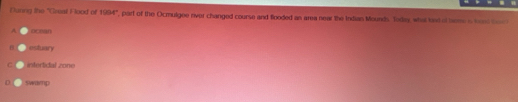 Dunng the "Greal Flood of -1, 4 4", part of the Ocmulgee river changed course and flooded an area near the Indian Mounds. Toder, what had of laeme a sd to
A ocean
estuary
C intertidal zone
D swamp