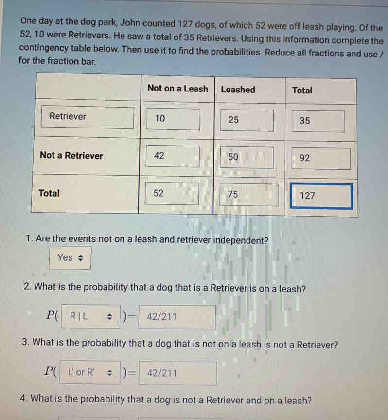 One day at the dog park, John counted 127 dogs, of which 52 were off leash playing. Of the
52, 10 were Retrievers. He saw a total of 35 Retrievers. Using this information complete the
contingency table below. Then use it to find the probabilities. Reduce all fractions and use /
for the fraction bar.
1. Are the events not on a leash and retriever independent?
Yes $
2. What is the probability that a dog that is a Retriever is on a leash?
P( R| ; )= 42/211
3. What is the probability that a dog that is not on a leash is not a Retriever?
P( L' or R' )= 42/211
4. What is the probability that a dog is not a Retriever and on a leash?