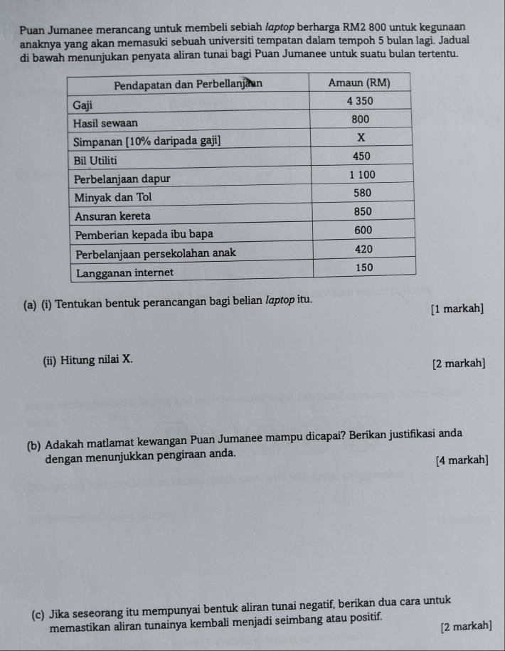 Puan Jumanee merancang untuk membeli sebiah laptop berharga RM2 800 untuk kegunaan 
anaknya yang akan memasuki sebuah universiti tempatan dalam tempoh 5 bulan lagi. Jadual 
di bawah menunjukan penyata aliran tunai bagi Puan Jumanee untuk suatu bulan tertentu. 
(a) (i) Tentukan bentuk perancangan bagi belian laptop itu. 
[1 markah] 
(ii) Hitung nilai X. 
[2 markah] 
(b) Adakah matlamat kewangan Puan Jumanee mampu dicapai? Berikan justifikasi anda 
dengan menunjukkan pengiraan anda. 
[4 markah] 
(c) Jika seseorang itu mempunyai bentuk aliran tunai negatif, berikan dua cara untuk 
memastikan aliran tunainya kembali menjadi seimbang atau positif. 
[2 markah]