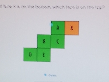 If face X is on the bottom, which face is on the top? 
A X
B 
D E 
9 Zoom