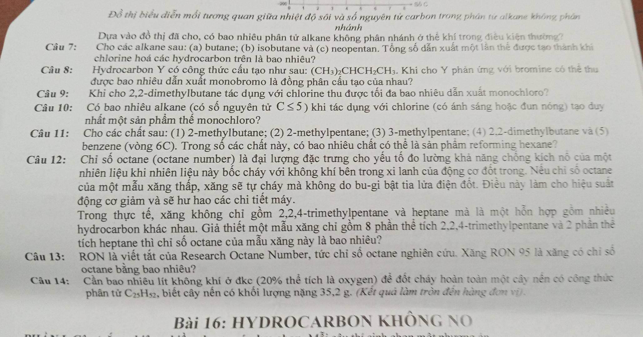 S6C
Đồ thị biểu diễn mối tương quan giữa nhiệt độ sôi và số nguyên tử carbon trong phân từ alkane không phân
nhánh
Dựa vào đồ thị đã cho, có bao nhiêu phân tử alkane không phân nhánh ở thế khí trong điều kiện thường?
Câu 7: Cho các alkane sau: (a) butane; (b) isobutane và (c) neopentan. Tổng số dẫn xuất một lần thể được tạo thành khí
chlorine hoá các hydrocarbon trên là bao nhiêu?
Câu 8:  Hydrocarbon Y có công thức cấu tạo như sau: (CH_3) 2CH -ICH_2CH_3 4. Khi cho Y phản ứng với bromine có thể thu
được bao nhiêu dẫn xuất monobromo là đồng phân cấu tạo của nhau?
Câu 9: :Khi cho 2,2-dimethylbutane tác dụng với chlorine thu được tối đa bao nhiêu dẫn xuất monochloro?
Câu 10: Có bao nhiêu alkane (có số nguyên tử C≤ 5) khi tác dụng với chlorine (có ánh sáng hoặc đun nóng) tạo duy
nhất một sản phẩm thế monochloro?
Câu 11: Cho các chất sau: (1) 2-methylbutane; (2) 2-methylpentane; (3) 3-methylpentane; (4) 2.2-dimethylbutane và (5)
benzene (vòng 6C). Trong số các chất này, có bao nhiêu chất có thể là sản phẩm reforming hexane?
Câu 12: Chỉ số octane (octane number) là đại lượng đặc trưng cho yếu tố đo lường khả năng chống kích nổ của một
nhiên liệu khi nhiên liệu này bốc cháy với không khí bên trong xi lanh của động cơ đốt trong. Nếu chỉ số octane
của một mẫu xăng thấp, xăng sẽ tự cháy mà không do bu-gi bật tia lửa điện đốt. Điều này làm cho hiệu suất
động cơ giảm và sẽ hư hao các chi tiết máy.
Trong thực tế, xăng không chỉ gồm 2,2,4-trimethylpentane và heptane mà là một hỗn hợp gồm nhiều
hydrocarbon khác nhau. Giả thiết một mẫu xăng chỉ gồm 8 phần thể tích 2,2,4-trimethylpentane và 2 phần thể
tích heptane thì chỉ số octane của mẫu xăng này là bao nhiêu?
Câu 13: RON là viết tắt của Research Octane Number, tức chỉ số octane nghiên cứu. Xăng RON 95 là xăng có chỉ số
octane bằng bao nhiêu?
Câu 14:  Cần bao nhiêu lít không khí ở đkc (20% thể tích là oxygen) để đốt cháy hoàn toàn một cây nền có công thức
phân tử C₂H₅₂, biết cây nến có khối lượng nặng 35,2 g. (Kết quả làm tròn đên hàng đơn vi) .
Bài 16: HYDROCARBON KHÔNG NO