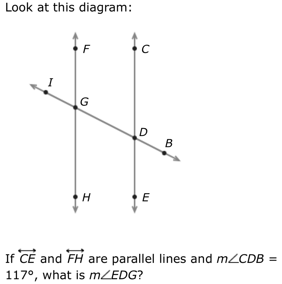 Look at this diagram: 
If overleftrightarrow CE and overleftrightarrow FH are parallel lines and m∠ CDB=
117° , what is m∠ EDG ?