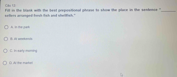 Fill in the blank with the best prepositional phrase to show the place in the sentence “_
sellers arranged fresh fish and shellfish.”
A. In the park
B. At weekends
C. In early morning
D. At the market