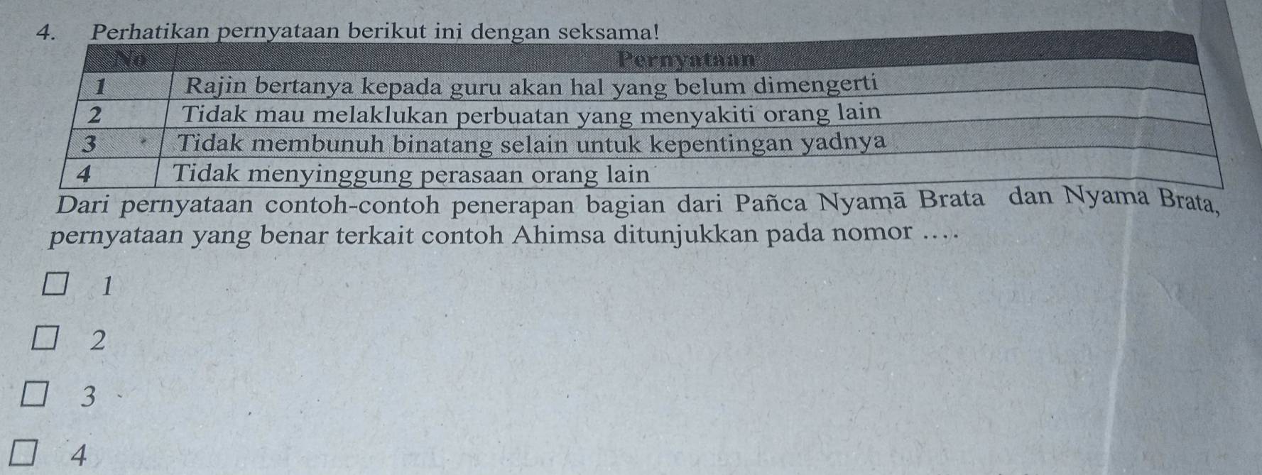 Dari pernyataan contoh-contoh penerapan bagian dari Pañca Nyamā Brata dma Brata,
pernyataan yang benar terkait contoh Ahimsa ditunjukkan pada nomor .
1
2
3
4