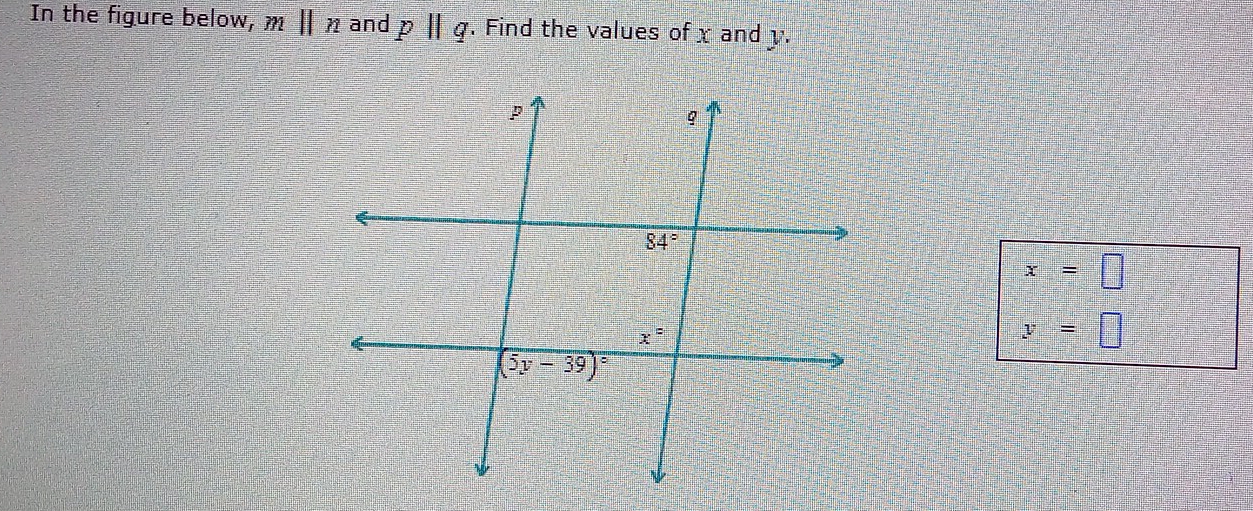 In the figure below, m Ⅱ n and pparallel q. Find the values of x and y.
x=□
y=□