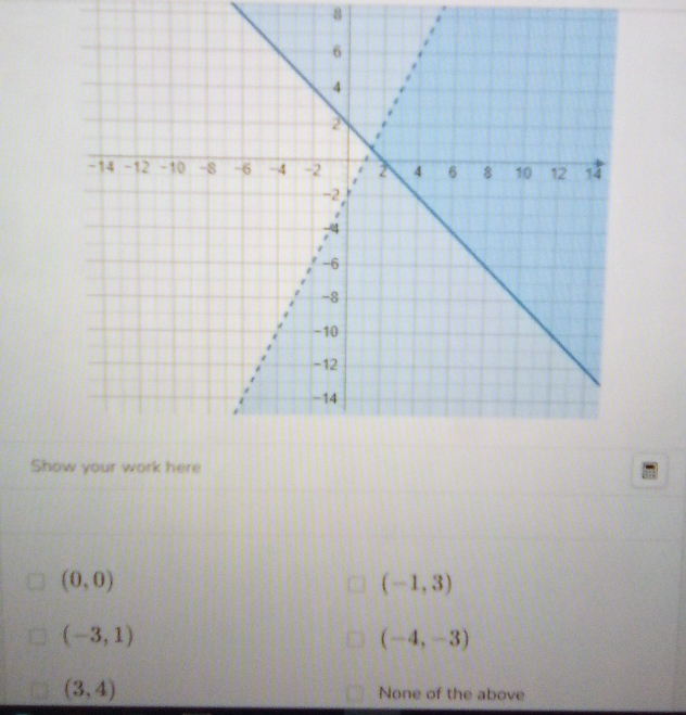 Show your work here
(0,0)
(-1,3)
(-3,1)
(-4,-3)
(3,4) None of the above