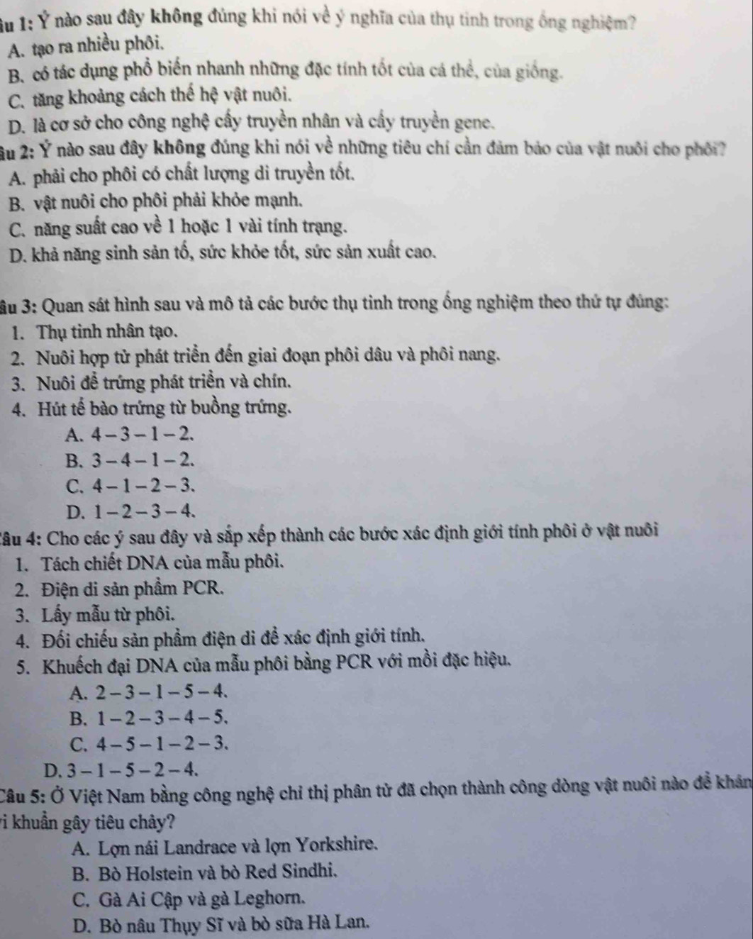 Âu 1: Ý nào sau đây không đúng khi nói về ý nghĩa của thụ tinh trong ống nghiệm?
A. tạo ra nhiều phôi.
B. có tác dụng phổ biến nhanh những đặc tính tốt của cá thể, của giống.
C. tăng khoảng cách thế hệ vật nuôi.
D. là cơ sở cho công nghệ cấy truyền nhân và cấy truyền gene.
u 2: Ý nào sau đây không đúng khi nói về những tiêu chí cần đảm bảo của vật nuôi cho phối?
A. phải cho phôi có chất lượng di truyền tốt.
B. vật nuôi cho phôi phải khỏe mạnh.
C. năng suất cao về 1 hoặc 1 vài tính trạng.
D. khả năng sinh sản tố, sức khỏe tốt, sức sản xuất cao.
ầu 3: Quan sát hình sau và mô tả các bước thụ tinh trong ống nghiệm theo thứ tự đúng:
1. Thụ tinh nhân tạo.
2. Nuôi hợp tử phát triển đến giai đoạn phôi dâu và phôi nang.
3. Nuôi đề trứng phát triển và chín.
4. Hút tế bào trứng từ buồng trứng.
A. 4 - 3 - 1 - 2.
B. 3 - 4- 1 - 2.
C. 4- 1- 2 - 3.
D. 1- 2 - 3 - 4.
Câu 4: Cho các ý sau đây và sắp xếp thành các bước xác định giới tính phôi ở vật nuôi
1. Tách chiết DNA của mẫu phôi.
2. Điện di sản phẩm PCR.
3. Lấy mẫu từ phôi.
4. Đối chiếu sản phẩm điện di đề xác định giới tính.
5. Khuếch đại DNA của mẫu phôi bằng PCR với mồi đặc hiệu.
A. 2 - 3 -1 - 5- 4.
B. 1 - 2 - 3 - 4 - 5.
C. 4 - 5 - 1 - 2 - 3.
D. 3 - 1 - 5 - 2 - 4.
Câu 5: Ở Việt Nam bằng công nghệ chỉ thị phân tử đã chọn thành công dòng vật nuôi nào đễ khán
vi khuẩn gây tiêu chảy?
A. Lợn nái Landrace và lợn Yorkshire.
B. Bò Holstein và bò Red Sindhi.
C. Gà Ai Cập và gà Leghorn.
D. Bò nâu Thụy Sĩ và bò sữa Hà Lan.