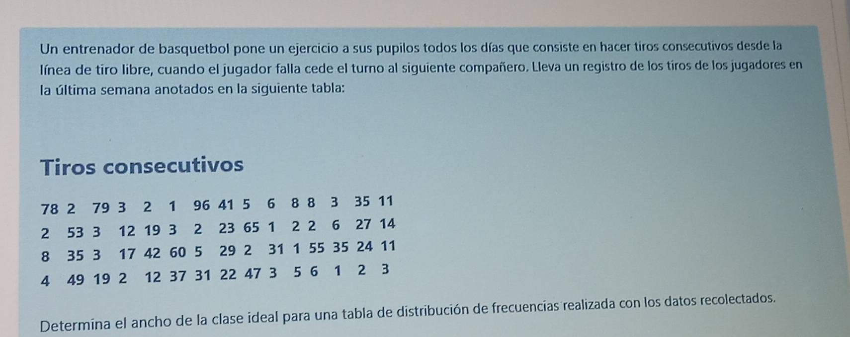 Un entrenador de basquetbol pone un ejercicio a sus pupilos todos los días que consiste en hacer tiros consecutivos desde la 
línea de tiro libre, cuando el jugador falla cede el turno al siguiente compañero. Lleva un registro de los tiros de los jugadores en 
la última semana anotados en la siguiente tabla: 
Tiros consecutivos
78 2 79 3 2 1 96 41 5 6 8 8 3 35 11
2 53 3 12 19 3 2 23 65 1 2 2 6 27 14
8 35 3 17 42 60 5 29 2 31 1 55 35 24 11
4 49 19 2 12 37 31 22 47 3 5 6 1 2 3
Determina el ancho de la clase ideal para una tabla de distribución de frecuencias realizada con los datos recolectados.