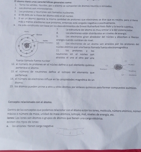 El átomo tiene unas características generales como:
2. Tanto los sólidos, liquidos, gas y plasma se componen de átomos neutros o ionizados.
2. Los átomos son microscópicos.
3. Los protones y neutrones son llamados nucleones.
4. El 99,94% de la masa del átomo está en el núcleo.
5. S en un átomo aparece la misma cantidad de protones que electrones se dice que es neutro, pero si tiene
más o menos electrones que protones, entonces está cargado negativa o positivamente.
6. Ha sido construido con base en los descubrimientos de Ernest Rutherford Niels Bohr y la teoría cuántica,
7.    La estructura del átomo es muy similar a la del sistema solar
8. Los electrones están distribuidos en niveles de energía.
9. Los electrones giran alrededor del núcleo y absorben o liberan
energía cuando cambian de nivel.
10. Los electrones de un átomo son atraídos por los protones del
núcleo atómico por una fuerza llamada fuerza electromagnética
11. los protones y los
neutrones en el núcleo son
atraídos el uno al otro por una
fuerza llamada fuerza nuclear
12. el número de protones en el núcleo define a qué elemento químico hnches Praton
pertenece el átomo.
Nenteoe
13. el número de neutranes define el isótopo del elemento que
pertenece.
14. el número de electrones influye en las propiedades magnética de un
átome.
15. los átomos pueden unirse a otro u otros átomos por enlaces químicos para formar compuestos químicos.
Concepto relacionado con el átomo.
Dentro de los conceptos que podemos relacionar con el átomo están los iones, molécula, número atómico, númer
másico o número de masa, unidad de masa atómica, isótopo, mol, niveles de energía, etc.
Jones: Los iones son átomos o grupos de átomos que tienen una carga eléctrica.
existen dos típos de jones:
a. los aniones: tienen carga negativa