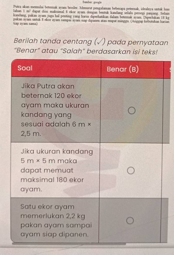 Sumber: google
Putra akan memulai beternak ayam broiler. Menurut pengalaman beberapa peternak, idealnya untuk luas
lahan 1m^2 dapat diisi maksimal 8 ekor ayam dengan bentuk kandang selalu persegi panjang. Selain
kandang, pakan ayam juga hal penting yang harus diperhatikan dalam beternak ayam. Diperlukan 18 kg
pakan ayam untuk 8 ekor ayam sampai ayam siap dipanen atau empat minggu. (Anggap kebutuhan harian
tiap ayam sama)
Berilah tanda centang (√) pada pernyataan
“Benar” atau “Salah” berdasarkan isi teks!