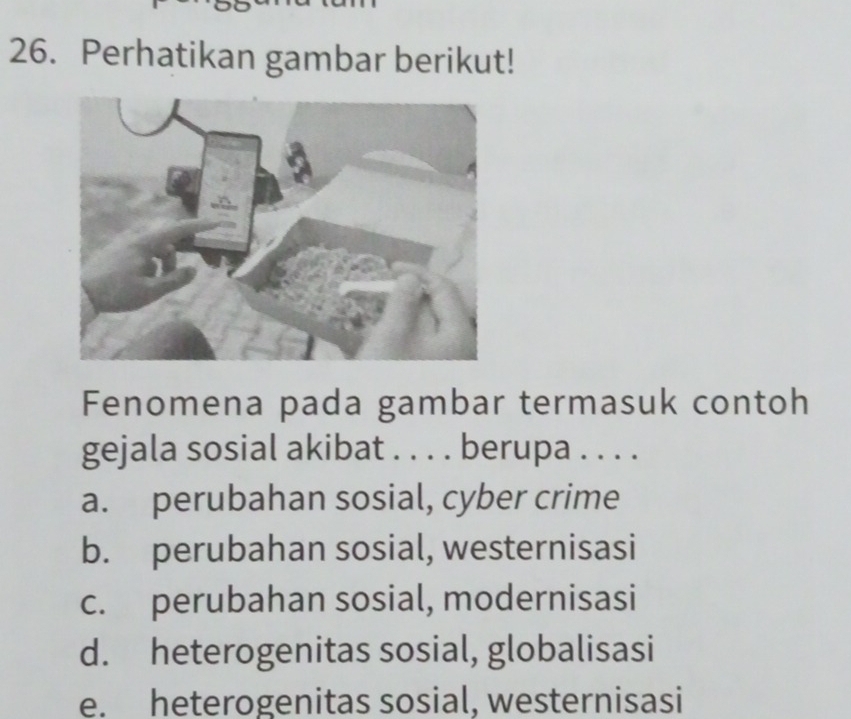 Perhatikan gambar berikut!
Fenomena pada gambar termasuk contoh
gejala sosial akibat . . . . berupa . . . .
a. perubahan sosial, cyber crime
b. perubahan sosial, westernisasi
c. perubahan sosial, modernisasi
d. heterogenitas sosial, globalisasi
e. heterogenitas sosial, westernisasi