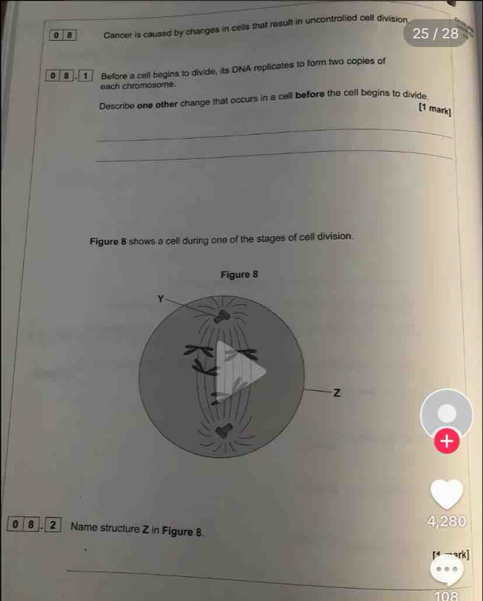 0 8 Cancer is caused by changes in cells that result in uncontrolied cell division
25 / 28
0 8 1 Before a cell begins to divide, its DNA replicates to form two copies of 
each chromosome. 
Describe one other change that occurs in a cell before the cell begins to divide 
[1 mark] 
_ 
_ 
Figure 8 shows a cell during one of the stages of cell division. 
+ 
0 8 . 2 Name structure Z in Figure 8. 4,280
ark] 
_
108