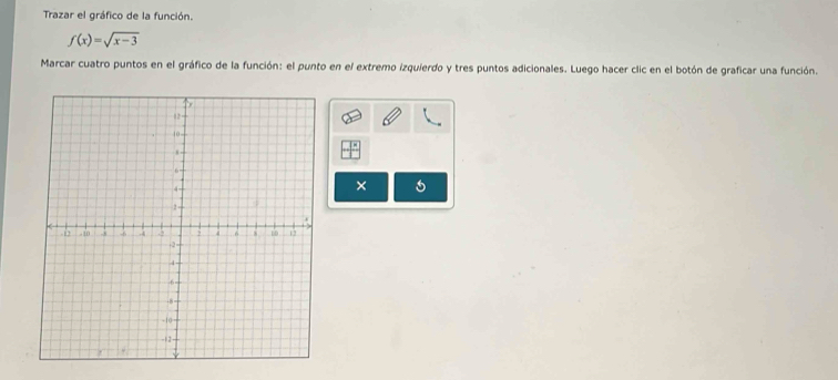 Trazar el gráfico de la función.
f(x)=sqrt(x-3)
Marcar cuatro puntos en el gráfico de la función: el punto en el extremo izquierdo y tres puntos adicionales. Luego hacer clic en el botón de graficar una función. 
×