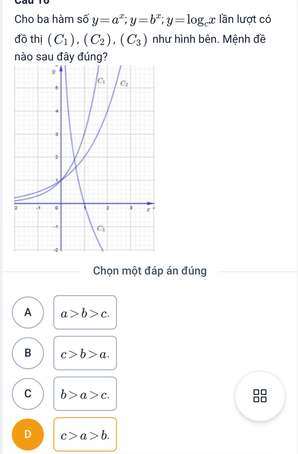 Ca
Cho ba hàm số y=a^x;y=b^x;y=log _cx lần lượt có
đồ thị (C_1),(C_2),(C_3) như hình bên. Mệnh đề
nào sau đây đúng?
Chọn một đáp án đúng
A a>b>c.
B c>b>a.
C b>a>c.
□□
D c>a>b.