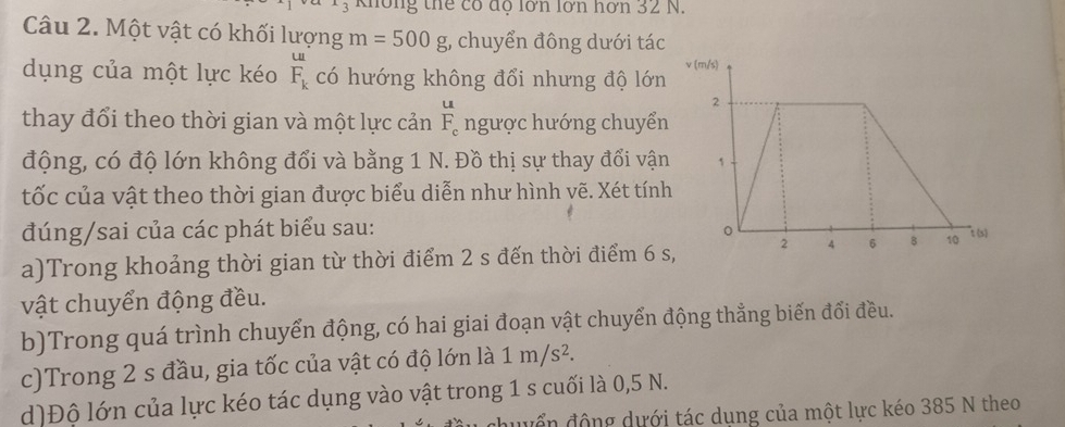 Không thể có độ lớn lớn hơn 32 N. 
Câu 2. Một vật có khối lượng m=500g; chuyển đông dưới tác 
dụng của một lực kéo F_k có hướng không đổi nhưng độ lớn 
thay đổi theo thời gian và một lực cản beginarrayr u F_cendarray ngược hướng chuyển 
động, có độ lớn không đổi và bằng 1 N. Đồ thị sự thay đổi vận 
tốc của vật theo thời gian được biểu diễn như hình vẽ. Xét tính 
đúng/sai của các phát biểu sau: 
a)Trong khoảng thời gian từ thời điểm 2 s đến thời điểm 6 s
vật chuyển động đều. 
b)Trong quá trình chuyển động, có hai giai đoạn vật chuyển động thẳng biến đổi đều. 
c)Trong 2 s đầu, gia tốc của vật có độ lớn là 1m/s^2. 
d)Độ lớn của lực kéo tác dụng vào vật trong 1 s cuối là 0,5 N. 
dyển động dưới tác dụng của một lực kéo 385 N theo