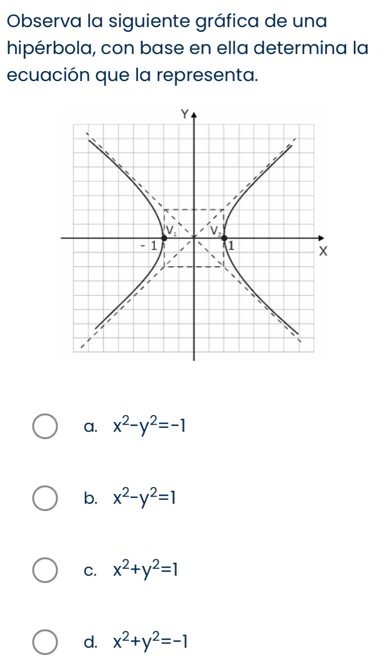 Observa la siguiente gráfica de una
hipérbola, con base en ella determina la
ecuación que la representa.
a. x^2-y^2=-1
b. x^2-y^2=1
C. x^2+y^2=1
d. x^2+y^2=-1