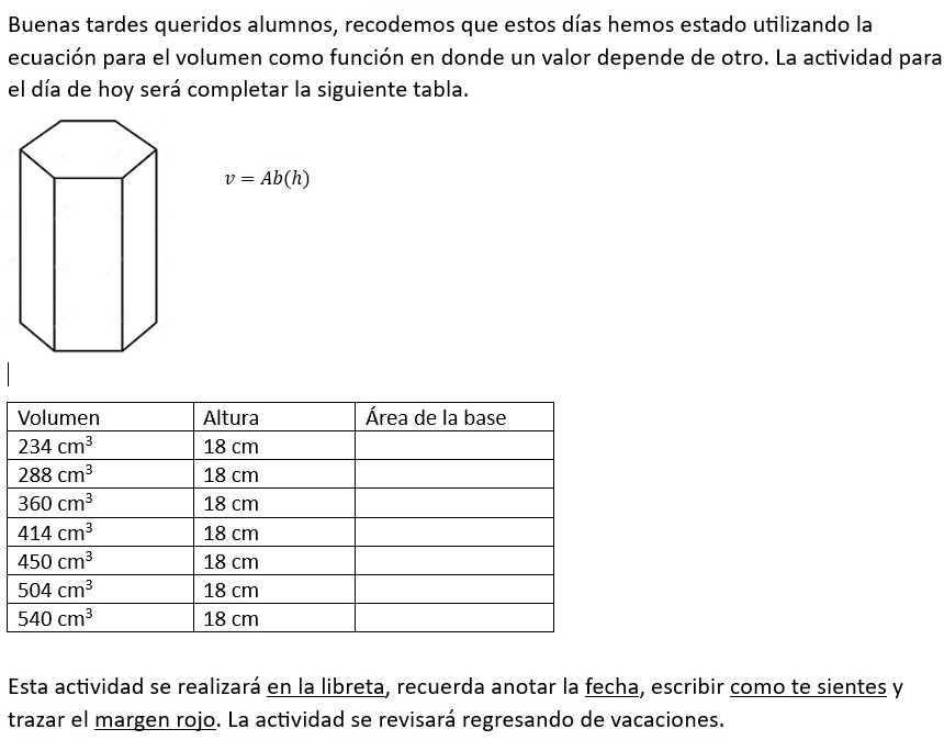 Buenas tardes queridos alumnos, recodemos que estos días hemos estado utilizando la
ecuación para el volumen como función en donde un valor depende de otro. La actividad para
el día de hoy será completar la siguiente tabla.
v=Ab(h)
Esta actividad se realizará en la libreta, recuerda anotar la fecha, escribir como te sientes y
trazar el margen rojo. La actividad se revisará regresando de vacaciones.