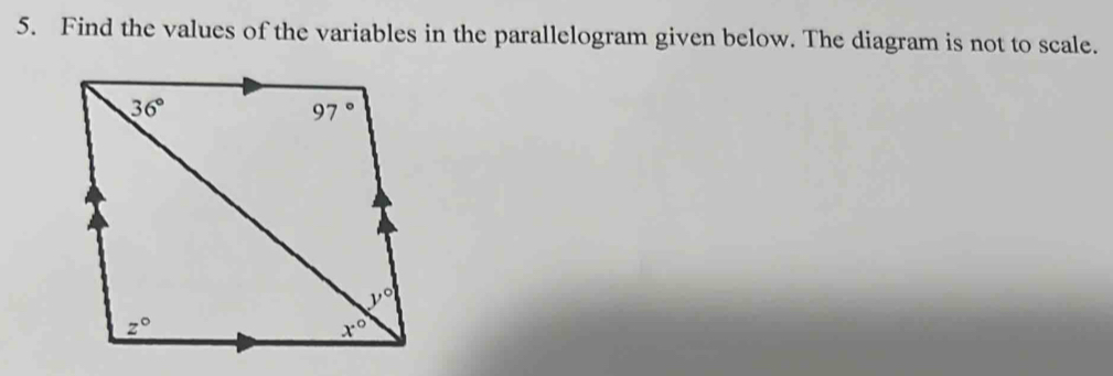 Find the values of the variables in the parallelogram given below. The diagram is not to scale.