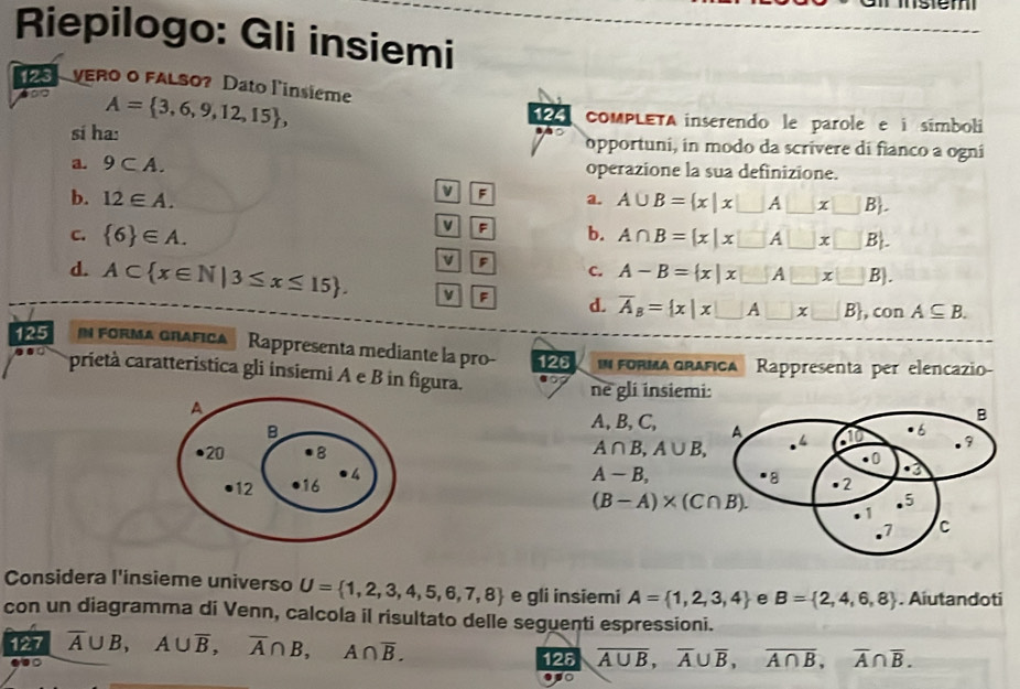 Riepilogo: Gli insiemi
123 VERO O FALSO? Dato linsieme
A= 3,6,9,12,15 , 124 CoMPLETA inserendo le parole e i símboli
si ha: opportuni, in modo da scrivere di fianco a ogni
a. 9⊂ A. operazione la sua definizione.
F
b. 12∈ A. a. A∪ B= x|x□ A□ x□ B .
V F
C.  6 ∈ A. b. A∩ B= x|x□ A□ x□ B .
v F C. A-B= x|x□ A□ x□ B .
d. A⊂  x∈ N|3≤ x≤ 15 . ν F d. overline A_B= x|x□ A□ x□ B ,conA⊂eq B.
125 N FORMA GRAFICA  Rappresenta mediante la pro- 126 IN FORMA GRAFICA Rappresenta per elencazio
prietà caratteristica gli insiemi A e B in figura.
f  
ne gli insiemi:
A, B, C,
A∩ B,A∪ B,
A-B,
(B-A)* (C∩ B).
Considera l'insieme universo U= 1,2,3,4,5,6,7,8 e gli insiemi A= 1,2,3,4 e B= 2,4,6,8. Aiutandoti
con un diagramma di Venn, calcola il risultato delle seguenti espressioni.
127 overline A∪ B,A∪ overline B,overline A∩ B,A∩ overline B.
D
125 overline A∪ B,overline A∪ overline B,overline A∩ B,overline A∩ overline B..-