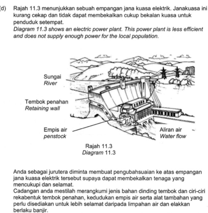 Rajah 11.3 menunjukkan sebuah empangan jana kuasa elektrik. Janakuasa ini 
kurang cekap dan tidak dapat membekalkan cukup bekalan kuasa untuk 
penduduk setempat. 
Diagram 11.3 shows an electric power plant. This power plant is less efficient 
and does not supply enough power for the local population. 
Anda sebagai jurutera diminta membuat pengubahsuaian ke atas empangan 
jana kuasa elektrik tersebut supaya dapat membekalkan tenaga yang 
mencukupi dan selamat. 
Cadangan anda mestilah merangkumi jenis bahan dinding tembok dan ciri-ciri 
rekabentuk tembok penahan, kedudukan empis air serta alat tambahan yang 
perlu disediakan untuk lebih selamat daripada limpahan air dan elakkan 
berlaku banjir.