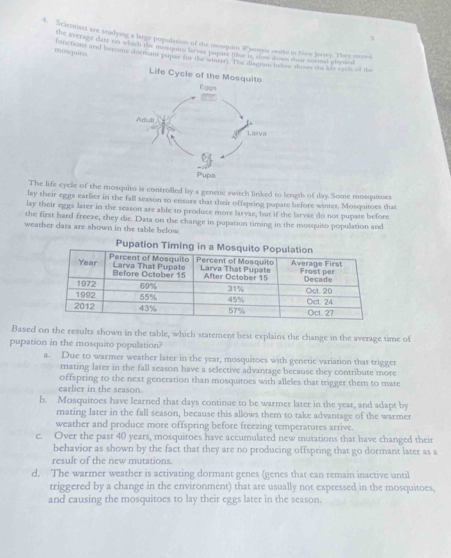 3
4. Scientists are studying a large population of the mosquito W yewna meith in New Jersey. They recond
the average date on which the mosquito larvae pupate (that is, slow down their normal physral
mosquito.
functions and become dormant pupae for the winter). The disgram below shows the life cycle of the
The life cycle of the mosquito is controlled by a genetic switch linked to length of day. Some mosquitoes
lay their eggs earlier in the fall season to ensure that their offspring pupate before winter. Mosquitoes that
lay their eggs later in the season are able to produce more larvae, but if the larvae do not pupate before
the first hard freeze, they die. Data on the change in pupation timing in the mosquito population and
weather data are shown in the table below.
Based on the results shown in the table, which statement best explains the change in the average time of
pupation in the mosquito population?
a. Due to warmer weather later in the year, mosquitoes with genetic variation that trigger
mating later in the fall season have a selective advantage because they contribute more
offspring to the next generation than mosquitoes with alleles that trigger them to mate
earlier in the season.
b. Mosquitoes have learned that days continue to be warmer later in the year, and adapt by
mating later in the fall season, because this allows them to take advantage of the warmer
weather and produce more offspring before freezing temperatures arrive.
c. Over the past 40 years, mosquitoes have accumulated new mutations that have changed their
behavior as shown by the fact that they are no producing offspring that go dormant later as a
result of the new mutations.
d. The warmer weather is activating dormant genes (genes that can remain inactive until
triggered by a change in the environment) that are usually not expressed in the mosquitoes,
and causing the mosquitoes to lay their eggs later in the season.