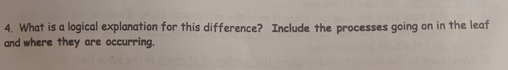 What is a logical explanation for this difference? Include the processes going on in the leaf 
and where they are occurring.