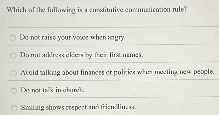 Solved: Which of the following is a constitutive communication rule? Do ...