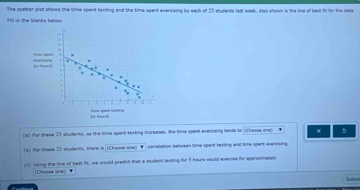 The scatter plot shows the time spent texting and the time spent evercising by each of 25 students lest week. Also shown is the line of best ft for the data 
iill in the blanks below. 
. 
. 
L o hourt ] 
1= tonó 
(a) for these 25 students, as the time spont texting increeses, the time spent exerrising tends to (Chosse one) 5
(b) For these 25 students, there is (Choose one) ▼ conalation between time spent texting and time opent axenising 
(x) Ueing the line of best ft, we would predkf that a student lesting for 5 heure would eversise for approximate'y 
(Chosse Gne) 
Sé m